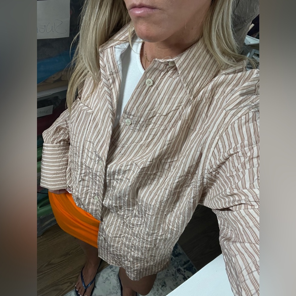 Zara Oversized Button Down Shirt Wrinkle Style Tan Apricot Striped Women’s‎ XS - Picture 9 of 16